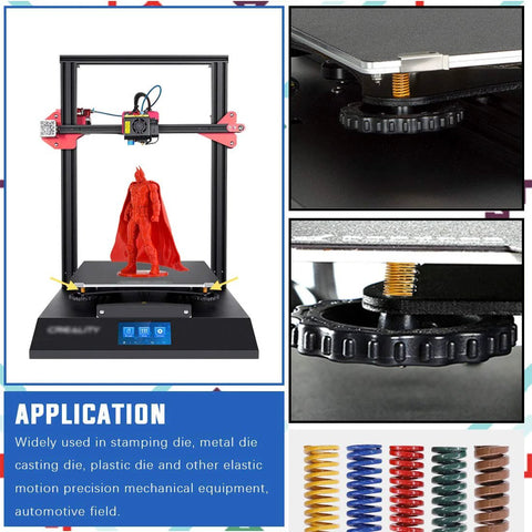 Five Color 50 Piece Set Of Lightweight Compression Mold Die Springs For 3D Printer Bed Leveling Ender 3 Compatible shown with printer and springs in various colors