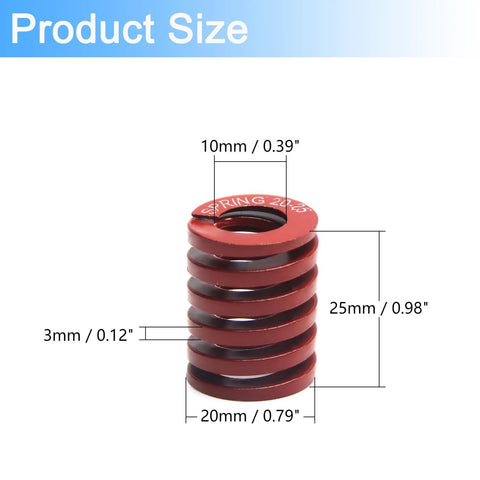 Image showing dimensions of 5 Pcs 3D Printer Bed Spring Set 20mm Outer Diameter 10mm Inner Diameter 25mm Free Length Compression Mould Die Springs.
