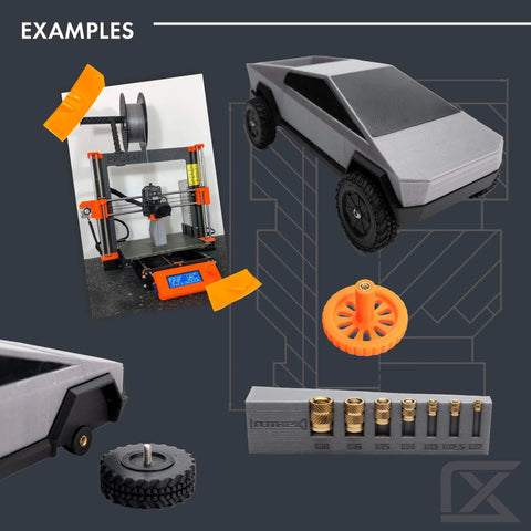 Examples of Threaded Inserts M2 + M3 + M4 + M5 Assortment Box in 3D printed models and components