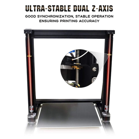 Close-up of 3D printer with focused view on dual Z-axis ensuring synchronization, featuring red vertical supports.
