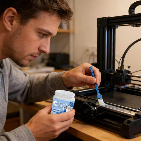 Man applying 3D Printer Lube Kit 100g Bearing Oil With Brush Gear Grease on 3D printer rails for precision motion and noise reduction.
