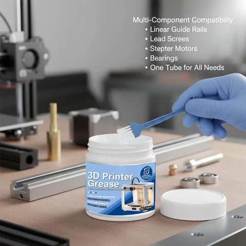 3D Printer Lube Kit 100g Bearing Oil with Brush Gear Grease for Precision Motion and Noise Reduction on a workshop table
