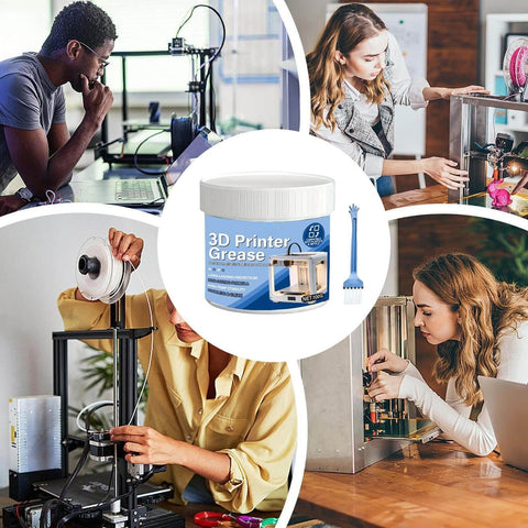Image of 3D Printer Lube Kit 100g Bearing Oil With Brush Gear Grease for Precision Motion with various users applying grease to printers.
