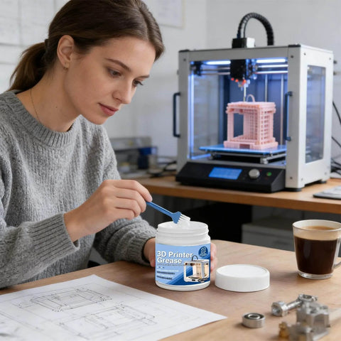 Woman applying 3D Printer Lube Kit 100g Bearing Oil With Brush Gear Grease, used for precision motion and noise reduction