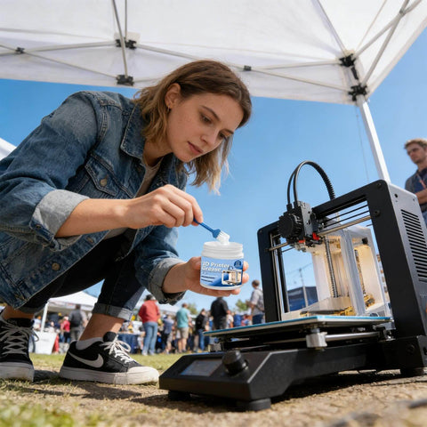 Person applying 3D Printer Lube Kit 100g Bearing Oil With Brush Gear Grease to 3D printer at outdoor workshop event