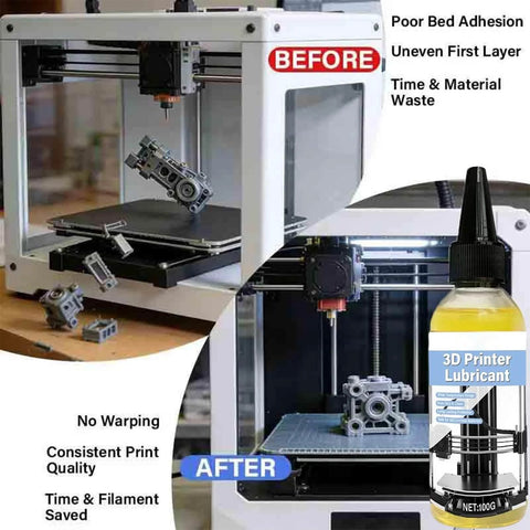 3D Printer Lubricant 100g Dust Resistant Oil For Smooth Precision And Low Friction Movement Across Axes And Gears Pro Grade Maintenance Solution For Home Makers Techies And Workshop Pros shown improving 3D printer performance.