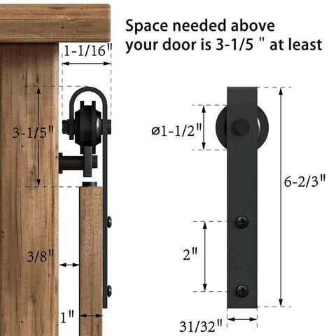 Diagram of 3FT Super Mini Sliding Barn Door Hardware Kit with J Shape Hanger showing dimensions for installation.