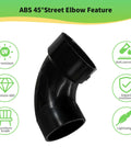 3 Inch ABS 45 Degree Street Elbow Fitting for DWV Pipes Hub to Spigot, showing UV resistance, anti-corrosion, and premium ABS features.