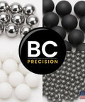 Collage of various precision ball bearings including chrome steel and different finishes with BC Precision logo and USA flag