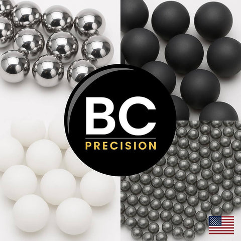 Collage of various precision ball bearings including chrome steel and different finishes with BC Precision logo and USA flag