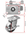 3 Inch Heavy Duty All Steel Swivel Plate Caster Wheels Set of 4 with brake lock, showing dimensions and construction materials.