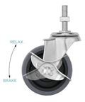 Locking Stem Caster Wheels Set Of Four Three Inch Heavy Duty Swivel Castors With Five Sixteenth Inch Stem Diameter And One And A Half Inch Stem Length Gray Finish Side Lock Brake 150 Lb Load Per Wheel 600 Lb Total Capacity, close-up