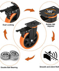 3 inch heavy duty plate swivel caster wheels set of 4 with safety brakes, dual locking, rotates 360 degrees, silent rolling