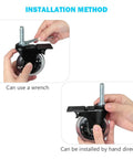 Installation method for Three Eighths Inch 16 UNC Threaded Stem Locking Swivel Caster Set Of Four; hand and wrench shown.