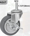 Close-up of a 3-inch rubber heavy-duty caster wheel with locking brake, M10 x 1.5 threaded stem, industrial swivel castor