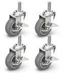 3 Inch Locking Caster Wheels Set of 4 with Threaded Stem 3/8-16 x 1-1/2, heavy duty swivel casters with side brake, gray rubber wheels
