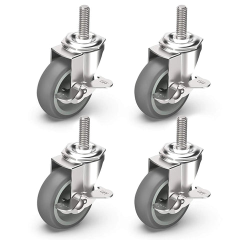 3 Inch Locking Caster Wheels Set of 4 with Threaded Stem 3/8-16 x 1-1/2, heavy duty swivel casters with side brake, gray rubber wheels