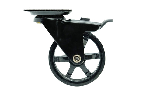 Side view of 3 Inch Polyurethane Black Mag Designer Caster Set With Non Marking Floor Protection, Total Lock Braking System, metal frame.