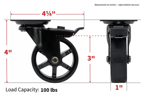 Side and front view of 3 Inch Polyurethane Black Mag Designer Caster Set With Non Marking Floor Protection, Total Lock Braking System, Four Pre Drilled Corner Mounting Holes, Double Ball Bearings, 4 Pack.