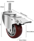 Heavy Duty PU Wheel Caster Set With 360 Degree Swivel Casters And Double Brakes, M12 Threaded Stem, 3 Inch.