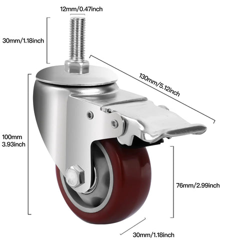Heavy Duty PU Wheel Caster Set With 360 Degree Swivel Casters And Double Brakes, M12 Threaded Stem, 3 Inch.