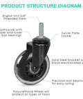 Product structure diagram of Heavy Duty Rubber Caster Wheels Set Of Four With Three Eighths Inch Threaded Stem And One And A Half Inch Stem Length Three Inch Wheel Quiet Smooth Rolling For Furniture And Hardwood Floors detailing threaded stem, swivel plate, and polyurethane wheel features.