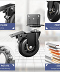 3 Inch Side Mount Plate Caster Wheels L Shaped Heavy Duty Set of 4 with Brake showcasing dual locking and steel frame features