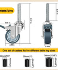 3 Inch Expanding Stem Caster Wheels Set Of 4 For Prep Tables Heavy Duty Casters With Locking Brake dimensions shown