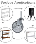 Heavy Duty 3 Inch Swivel Caster Wheels Set Of Four With Five Sixteenth Inch Threaded Stem Eighteen Threads One And A Half Inch Long Rubber Locking Casters For Wire Shelving Furniture And Carts Total Static Load Capacity 720 Pounds displayed with various applications including a metal shelving unit, a black cabinet, a wooden shelf, and a metal table.