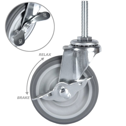 Close-up of a Heavy Duty 3 Inch Swivel Caster Wheel with threaded stem and locking brake mechanism, rubber wheel for wire shelving.