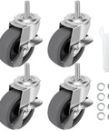 3 Inch Locking Swivel Stem Caster Wheels Set of 4 with 3/8-16 x 1 Threaded Stem, Rubber No Noise Casters, hardware included