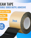 Pond Liner Seam Tape 3 Inch By 50 Foot Ultra Strong Double Sided Butyl Adhesive in roll with black adhesive exposed.