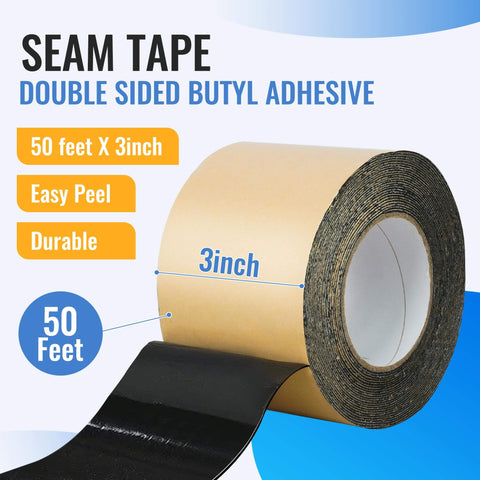 Pond Liner Seam Tape 3 Inch By 50 Foot Ultra Strong Double Sided Butyl Adhesive in roll with black adhesive exposed.