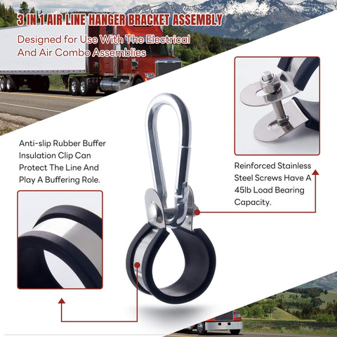 3 in 1 air line hanger bracket assembly for semi trucks with reinforced steel screws and rubber buffer insulation clip