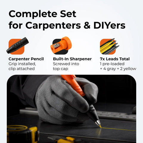On-site marking made effortless with this 3-in-1 carpenter pencil featuring a comfortable finger grip, seven color coded leads, a built-in sharpener, and a pocket clip for quick use, delivering durable fine lines on wood, metal, and concrete with ease.