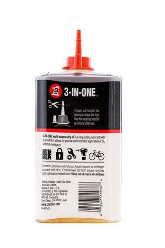 3-IN-ONE Multi-Purpose Oil, 8 OZ bottle with twist spout, back view showing product details and usage instructions.