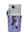 3L Automatic Electric Gear Pump with Sensor for Oil Lubrication System, beefy heavy-duty, seen with transparent reservoir, 220V.