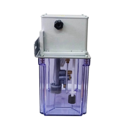 3L Automatic Electric Gear Pump with Sensor for Oil Lubrication System, beefy heavy-duty, seen with transparent reservoir, 220V.