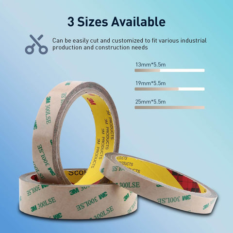 Rolls of heavy duty double sided tape 9495LE in various sizes with 300LSE adhesive, shown in front and side view
