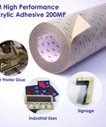 3M High Performance Acrylic Adhesive 200MP roll with examples of 3D printer glue, signage, and industrial uses.