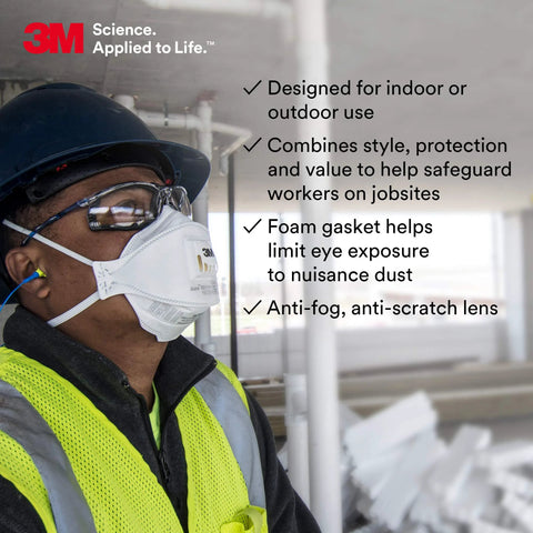 Worker wearing ANSI Z87 Anti Fog Glasses With Clear Lens Blue Frame Foam Gasket Corded Ear Plug on construction site