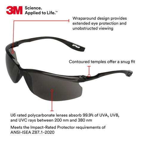 Virtua CCS Clear And Virtua Sport CCS Gray Safety Glasses with wraparound design and contoured temples, shown side view.