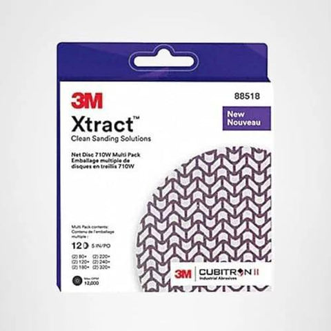 Product packaging of Net Disc 710W 5 Inch Hook And Loop Sanding Discs 12 Pack Assorted Grades with virtually dust-free net backing.