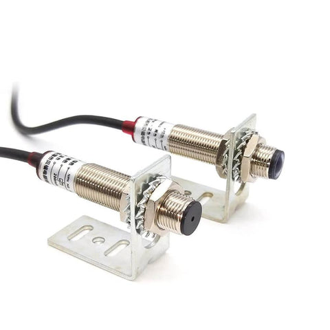 Close-up of 3mm Beam Photoelectric Switch For Trough Beam Infrared Sensor NPN Output With LED Indicator, mounted for industrial use
