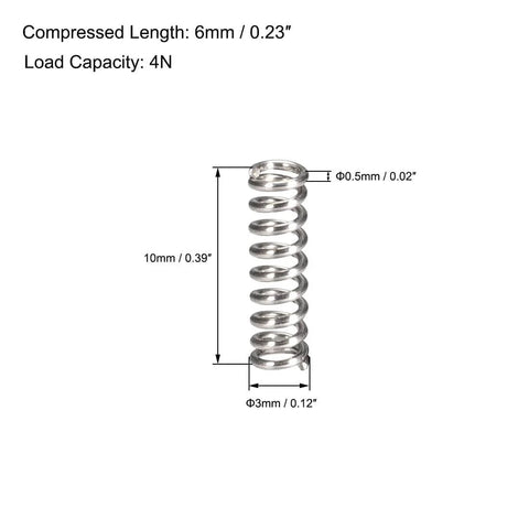3mm OD Stainless Steel Compression Springs With 0.5mm Wire Size 6mm Compressed Length 10mm Free Length 4N Load Capacity