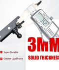 Digital caliper measuring 3mm thick black bracket from 10mm Ball Stud Gas Strut Mounting Brackets Set With 2 L Type Mounts, 2 Flat Type Mounts And 16 Screws For Lift Supports, Windows, Trunk Doors, Cabinets, Campers, Boats And Trailers Black.
