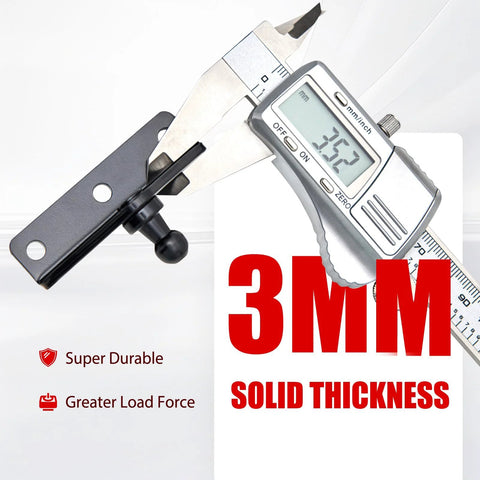 Digital caliper measuring 3mm thick black bracket from 10mm Ball Stud Gas Strut Mounting Brackets Set With 2 L Type Mounts, 2 Flat Type Mounts And 16 Screws For Lift Supports, Windows, Trunk Doors, Cabinets, Campers, Boats And Trailers Black.