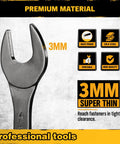 3mm ultra-thin jaw of Ultra Slim 19 Piece Open End Wrench Set with CR-V steel, rust-proof and portable features shown.