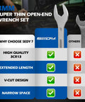 Comparison of Sedy 3mm super thin open-end wrench set with others, highlighting high quality 3Cr13 steel and narrow space advantage