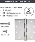 3-Pack Heavy Duty Commercial Door Hinge shown with included screws, featuring Silent Steel Plain Bearing, 4.5x4.5 inch, 3 mm thickness.